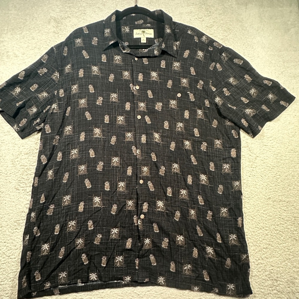 Vintage Island Shores Button Up Shirt Mens XL Black Pineapple Palm Tree Tropical